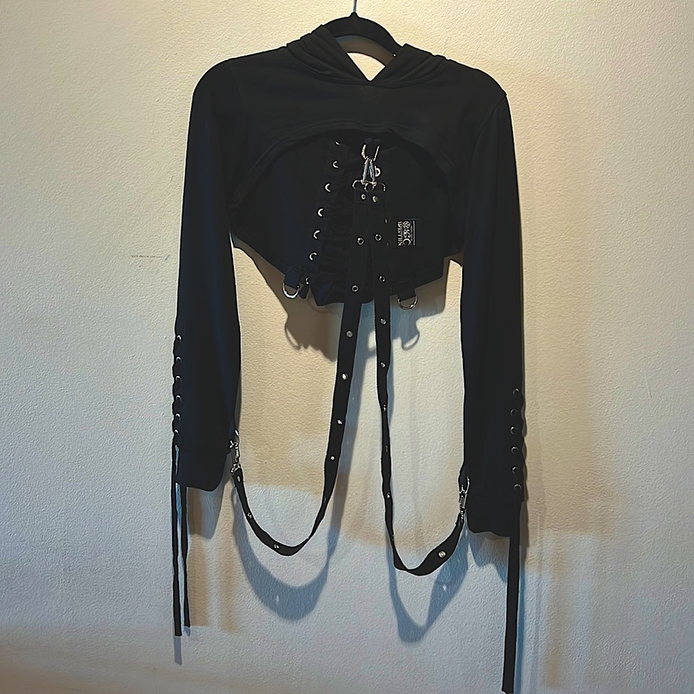 Gothic, emo, rave, long sleeve crop hoodie with lace up back